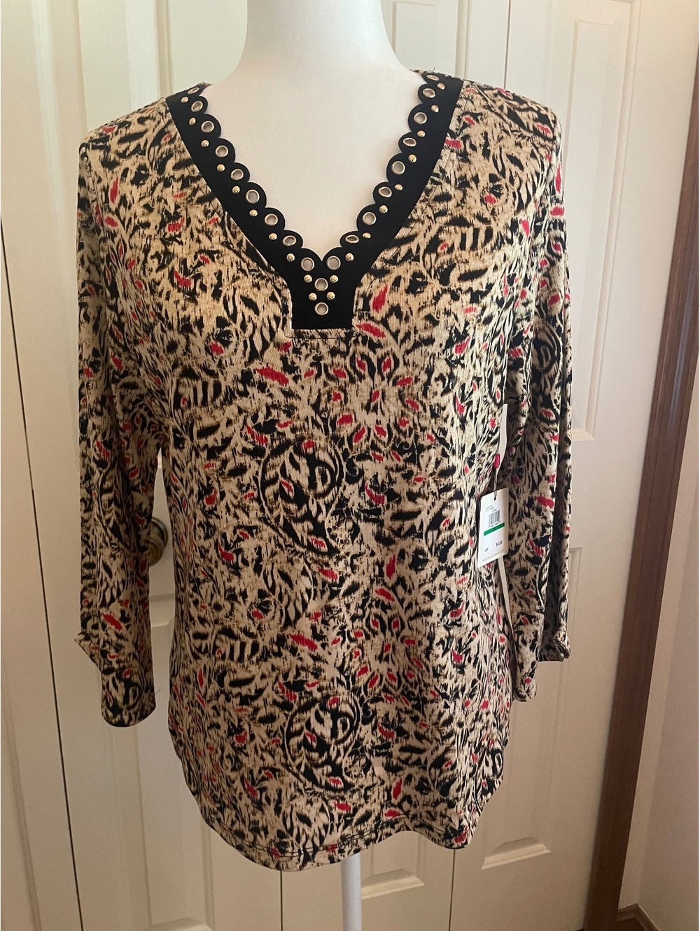 Rafaella LP Large Petite Printed Grommet V Neck 3/4 Sleeve Top NWT